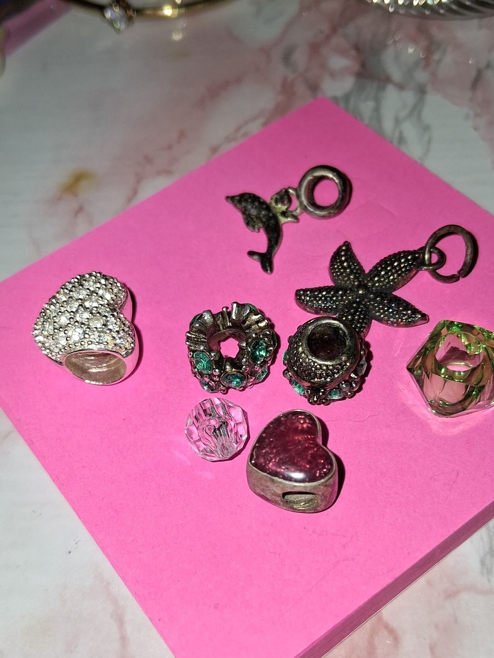 Silver 925 Heart & Charm Bead Set - Pink Accents
